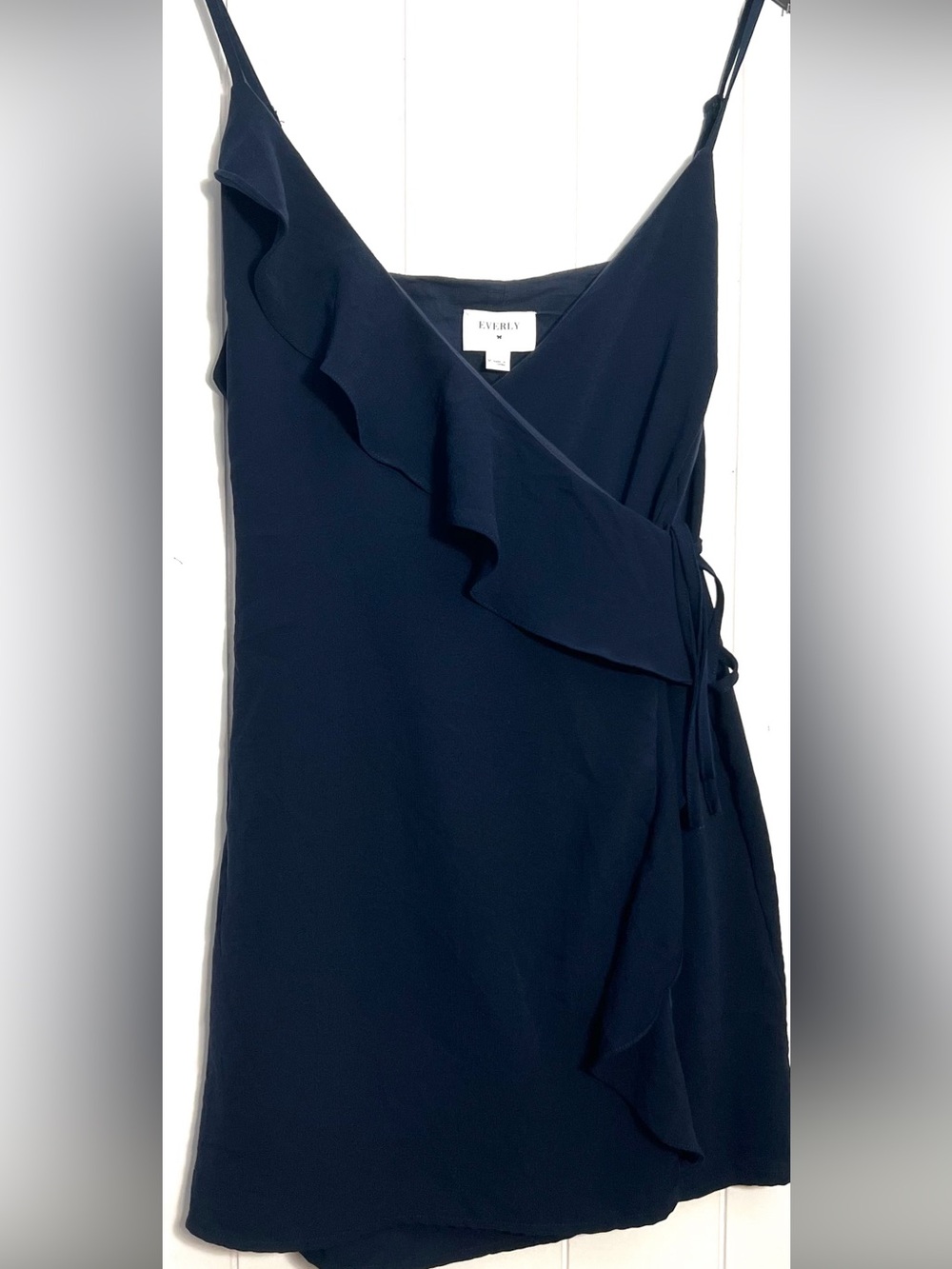 Everly Navy Blue Ruffle Wrap Mini Dress Size M Spaghetti Strap